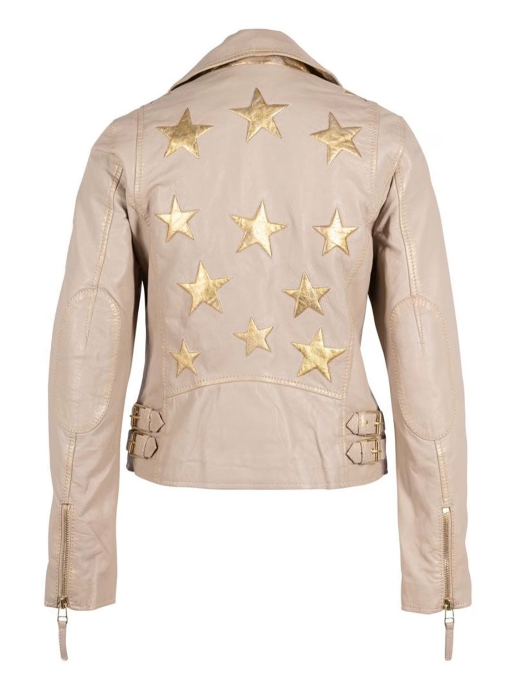 LIKE NEW MAURITIUS Women's Beige Leather Jacket with Gold Star Embellishments